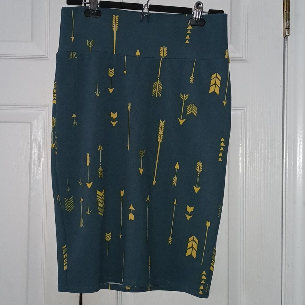 LuLaRoe Cassie Arrow Print Midi Pencil Skirt Teal & Yellow Size M NWOT